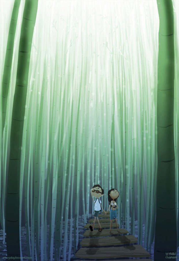 Illustration of couple walking in bamboo forest