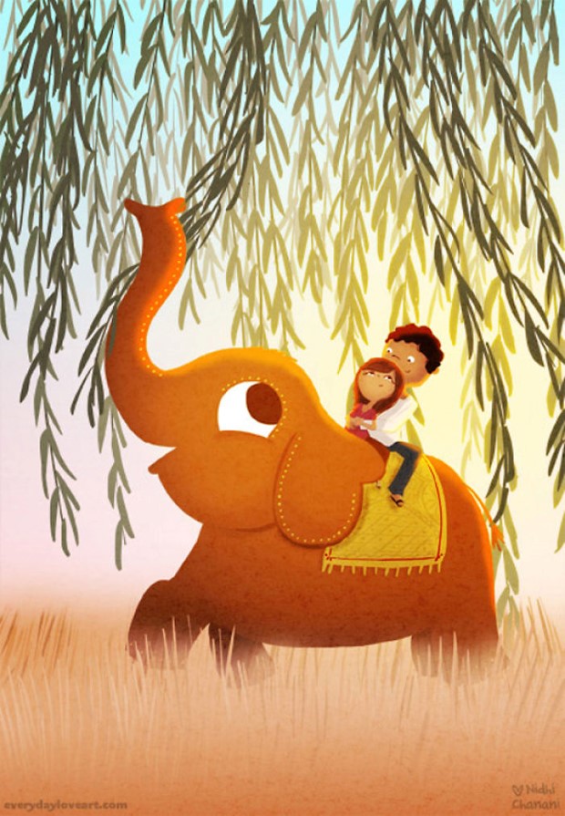 Illustration of couple riding elephant