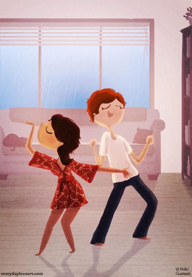 Illustration of couple dancing in pajamas