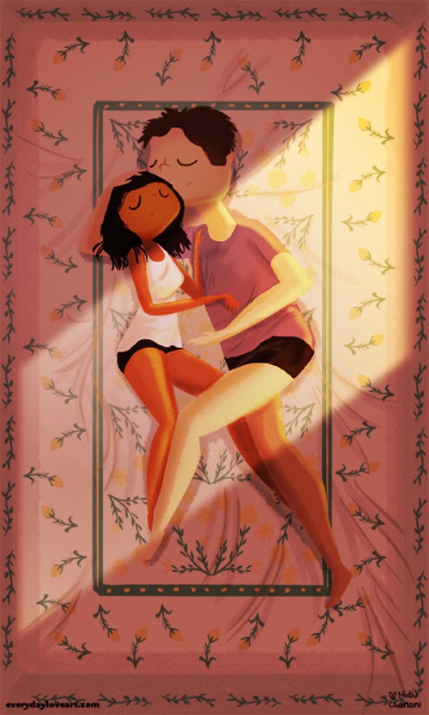 Illustration of couple cuddling in bed in summer heat