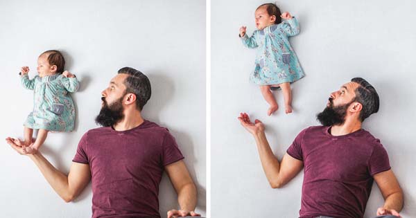Hravé fotografie šťastného otca a jeho mesačnej dcérky