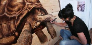 Vznešené portréty zvierat na drevené dosky kreslí perom a atramentom
