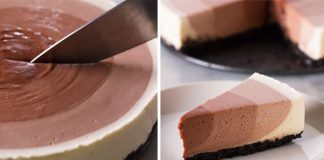 Nepečený čokoládový ombre cheesecake so 4 rôznymi vrstvami krému