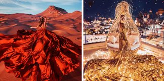 Kristina Makeeva zachytáva krásne šaty, které dokonale splývajú s krajinou